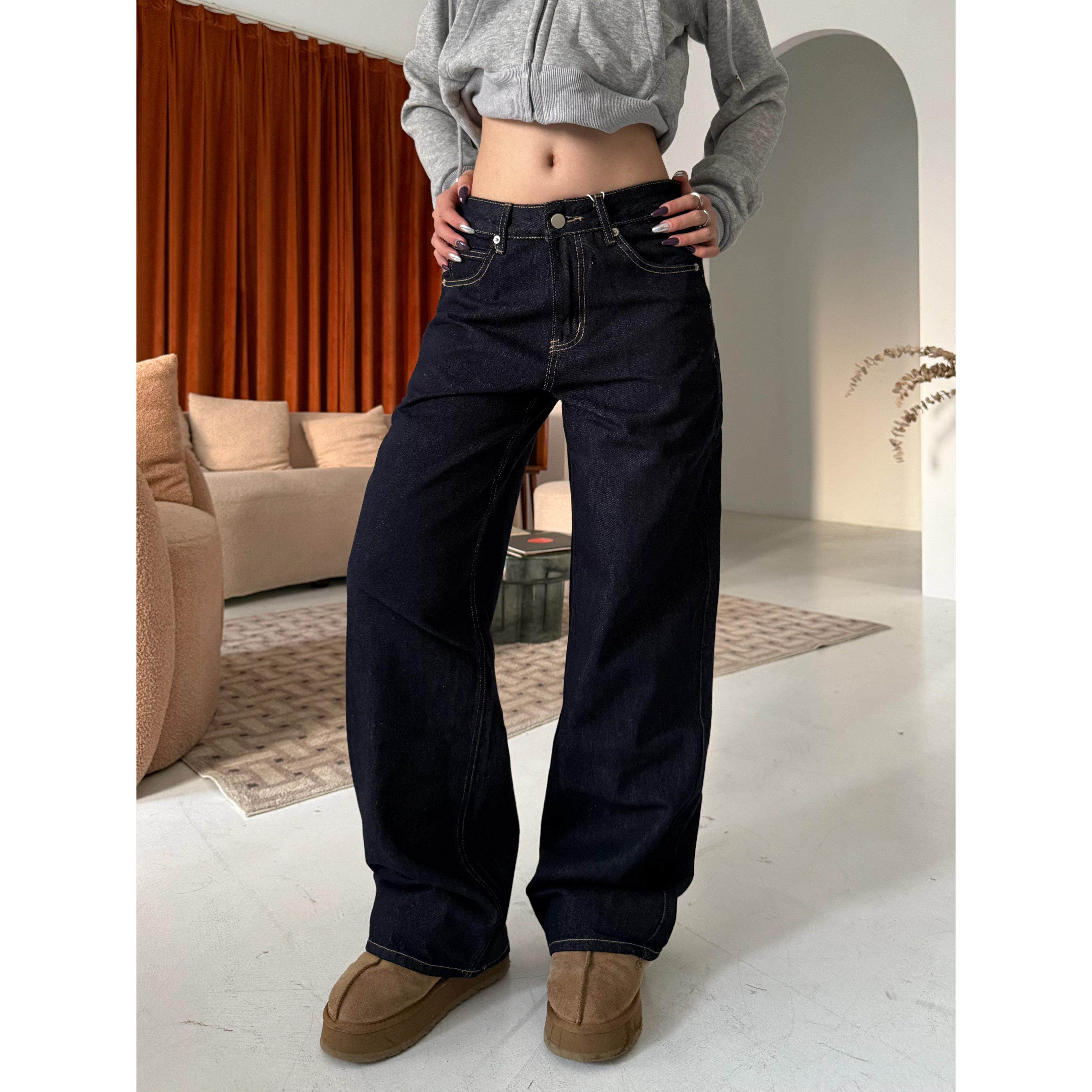 JIAONI美式复古水洗字母刺绣牛仔裤男女深蓝色宽松休闲百搭直筒裤