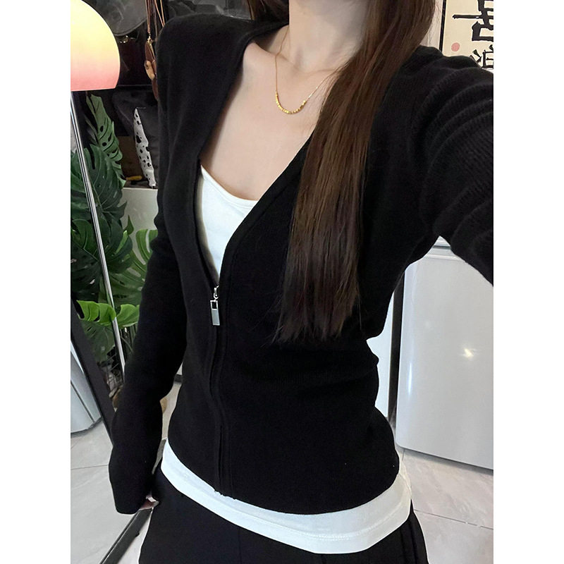 黑色拉链撞色内搭打底衫长袖t恤女秋季假两件设计感修身显瘦上衣