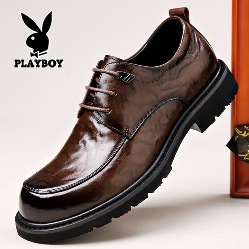 花花公子男士真皮商务正装大头宽脚棕色内增高结婚新郎鞋大码冬季
