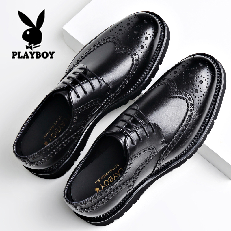 花花公子男士皮鞋真皮商务正装布洛克雕花黑色结婚新郎鞋2025新款