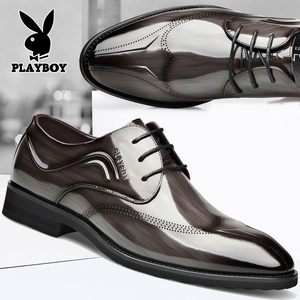 花花公子布洛克雕花男士皮鞋真皮内增高商务正装亮面结婚新郎大码