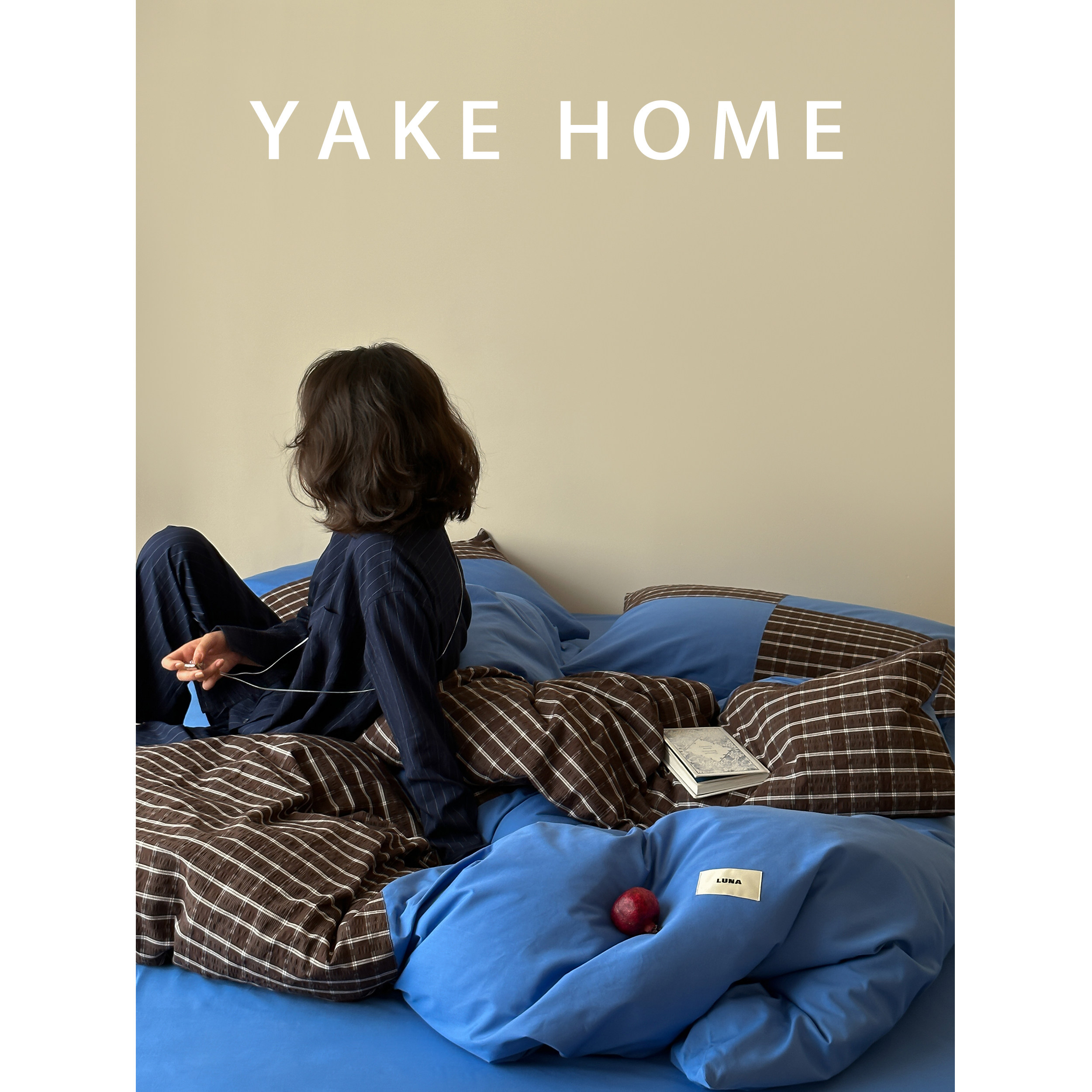YAKEHOME【盐渍星图】克莱因蓝复古风咖色格子全棉四件套纯棉床单