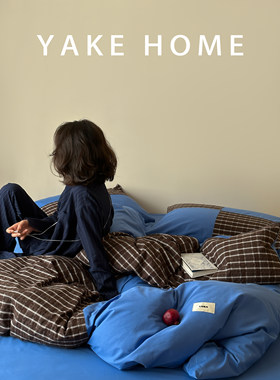 YAKEHOME【盐渍星图】克莱因蓝复古风咖色格子全棉四件套纯棉床单