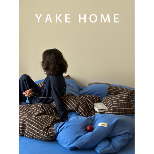 YAKEHOME【盐渍星图】克莱因蓝复古风咖色格子全棉四件套纯棉床单