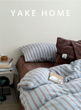 YAKEHOME【触觉休止】秋冬加厚蓝色条纹牛奶绒四件套柔软床单被套