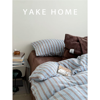 YAKEHOME【触觉休止】秋冬加厚蓝色条纹牛奶绒四件套柔软床单被套