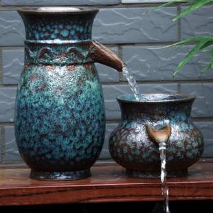 大号复古流水瀑布古法养鱼水培花盆陶瓷流水罐高筒鱼缸循环过滤