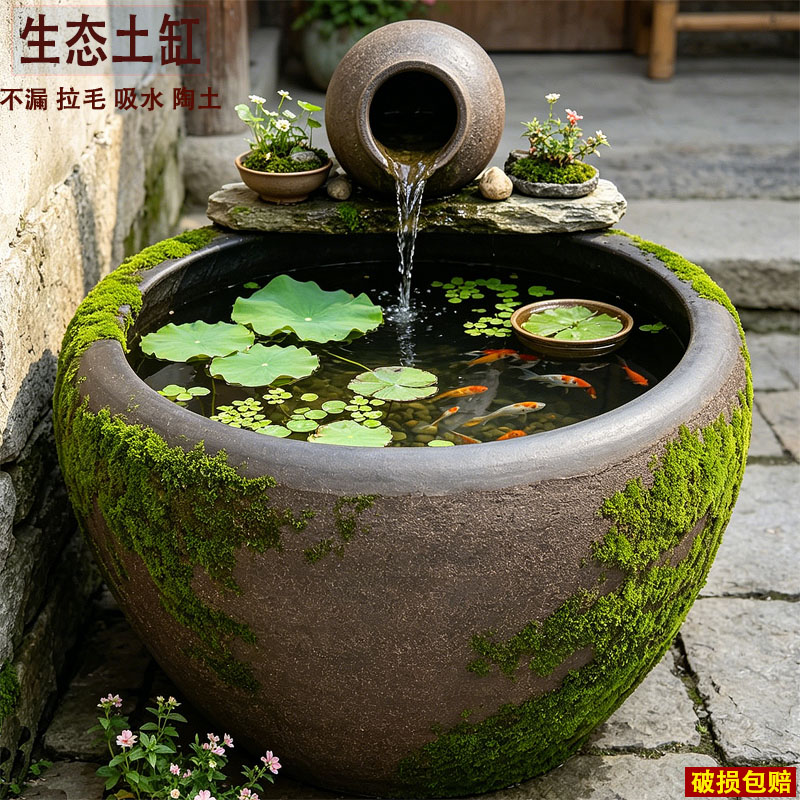 老式陶瓷瀑布循环荷花鱼缸花盆