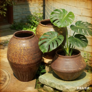 复古透气粗陶花盆民宿酒店陶盆高筒老桩多肉花盆室内装饰旧坛子大
