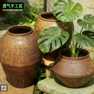 复古透气粗陶花盆民宿酒店陶盆高筒老桩多肉花盆室内装 饰旧坛子大
