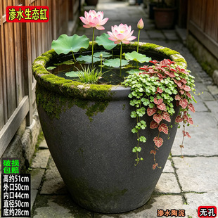 老式生态水缸土陶缸渗水苔藓缸落地鱼缸超大古法土陶缸青苔花盆大