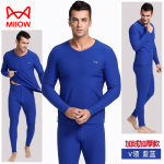 猫人冬季保暖内衣加绒加厚男士V领热力绒秋衣秋裤棉莱卡套装