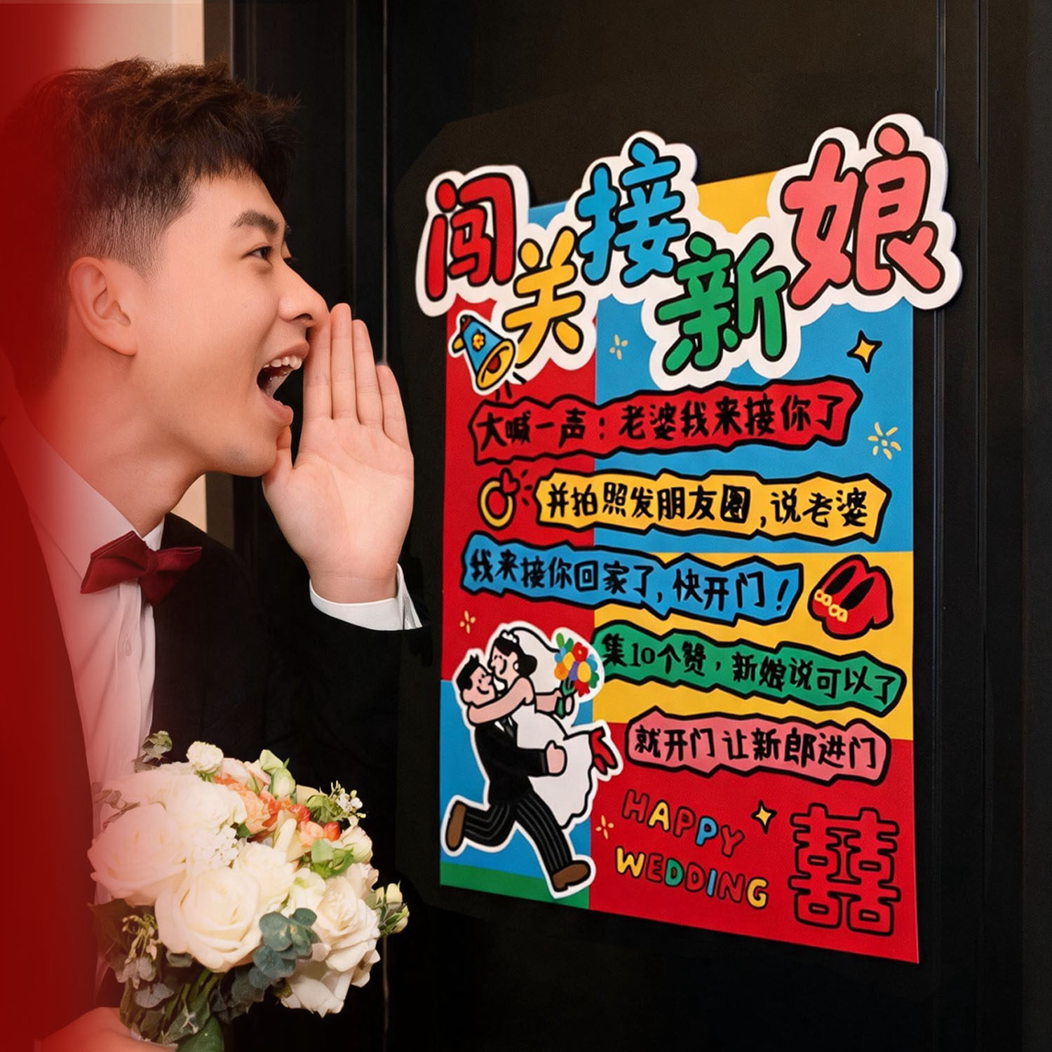 结婚堵门贴闯关接新娘接亲小游戏卡通搞笑拦门卡创意文明道具婚礼
