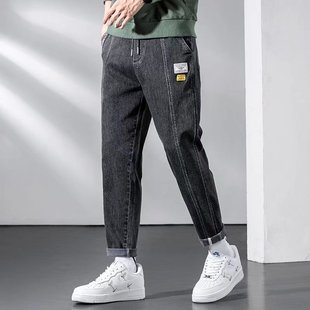 2024新款拼接加绒牛仔裤美式复古束脚春夏款休闲裤子小码男装S码
