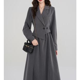 夏不晚法式西装连衣裙女秋冬季高级感裙子设计感小众气质收腰长裙