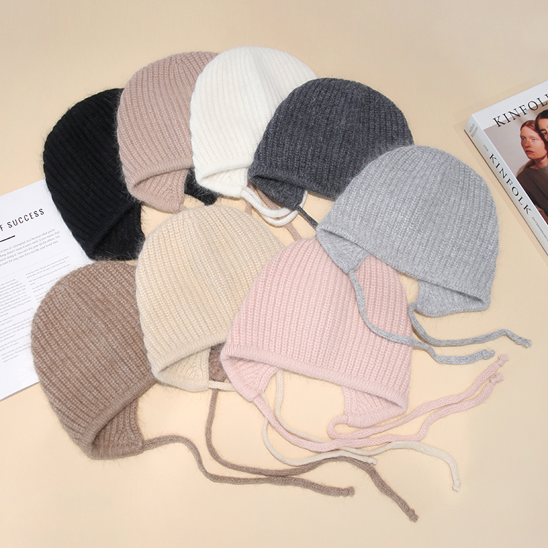 韩国兔毛护耳毛线帽子女冬可爱防风毛绒保暖长辫针织风雪帽包头帽