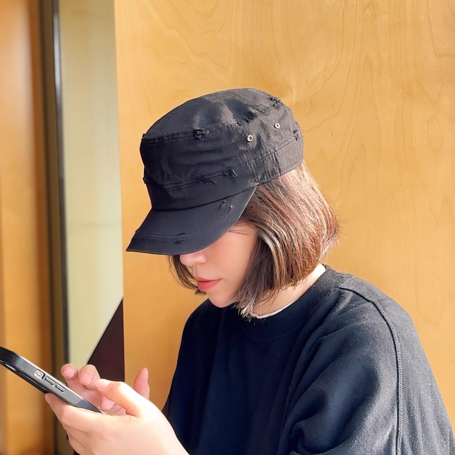 韩国代购显脸小做旧纯棉平顶帽女