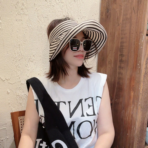 韩国代购遮阳帽女夏条纹大檐帽子