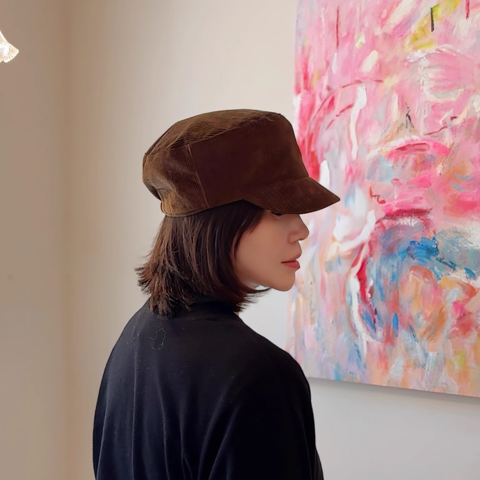 琥珀美拉德灯芯绒平顶帽子女秋冬