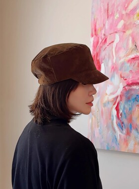 美拉德平顶鸭舌帽子女秋冬英伦复古灯芯绒高级感深顶马术帽显脸小