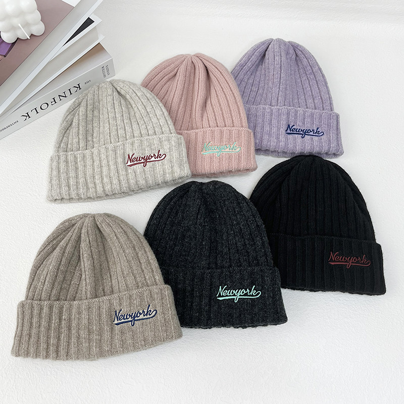 韩国时尚毛线帽子女冬弹性字母刺绣羊毛保暖情侣针织帽护耳冷帽潮