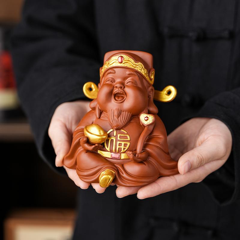 紫砂笑脸财神茶宠摆件精品可养