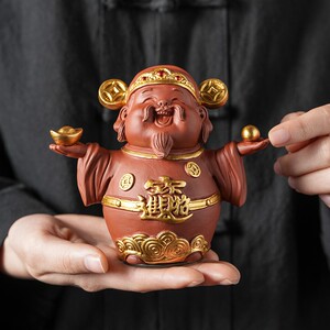 新中式紫砂笑脸财神爷茶宠摆件