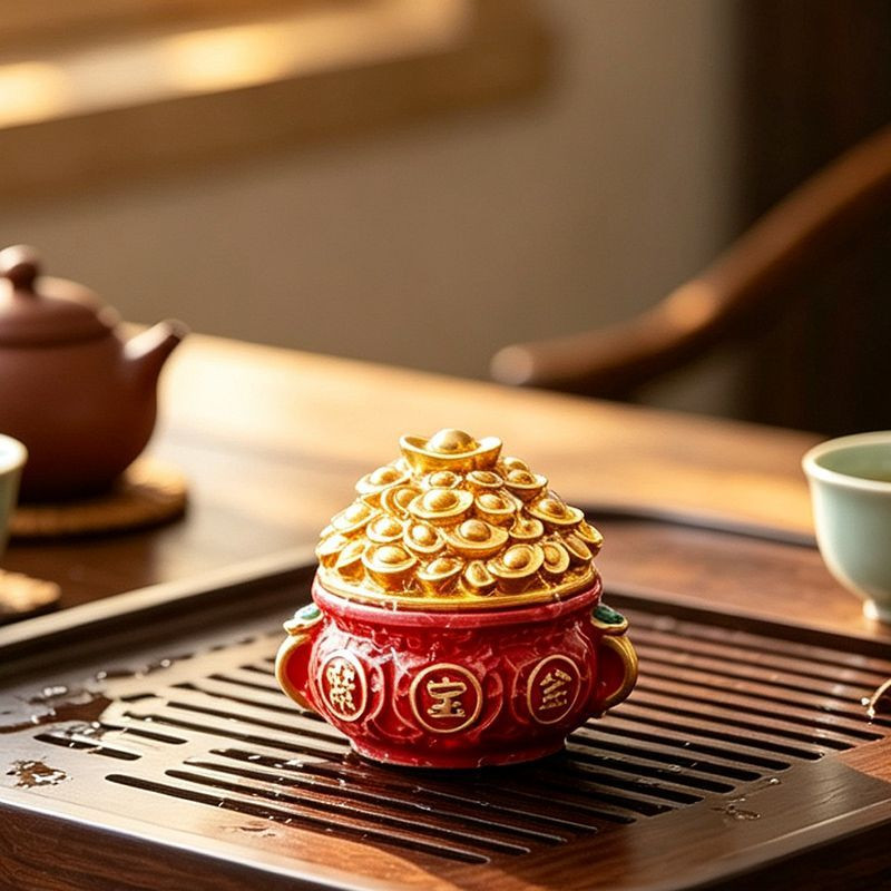变色茶宠聚宝盆遇热喷水茶桌摆件