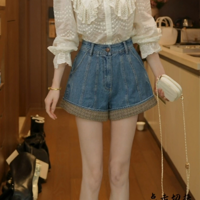 磊磊【珊瑚花园】 牛仔短裤  春季拼接蓝色阔腿牛仔裤短裤88273