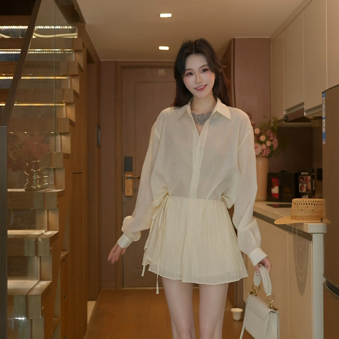 磊磊【风是透明的河流】 两件套 长袖衬衫上衣女百褶6719