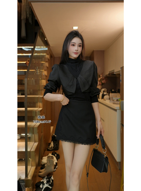 磊磊【星河永夜】拼接上衣 立领修身长袖蝴蝶结秋冬衬衫88218