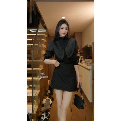 磊磊【星河永夜】拼接上衣 立领修身长袖蝴蝶结秋冬衬衫88218