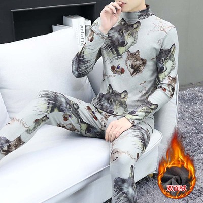 男士无痕保暖内衣秋冬季青年德绒中领打底衫加厚大码秋衣秋裤一套