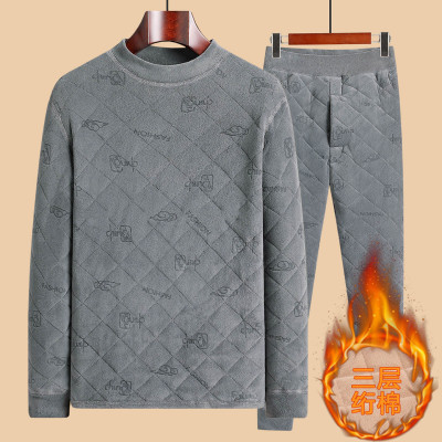 男士保暖内衣冬季特厚棉衣棉裤套装男青年防寒三层夹棉加绒打底衫
