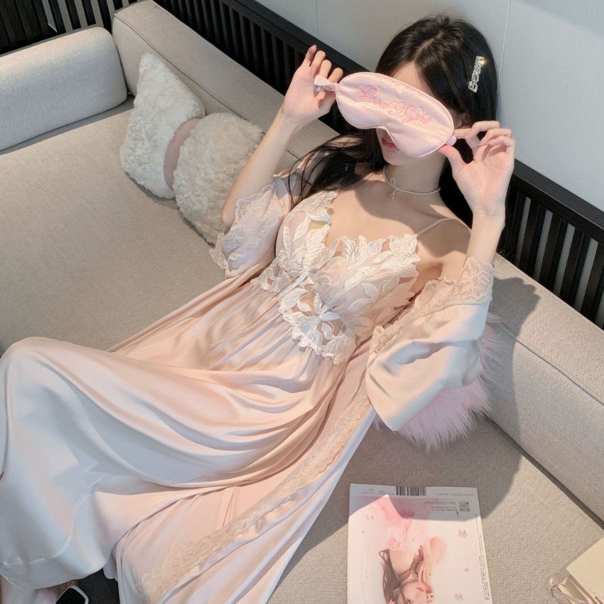 春秋仿真丝蕾丝性感吊带睡裙女居家丝绸睡袍睡家居服衣套装带胸垫,女士内衣/男士内衣/家居服,睡袍/浴袍,淘宝优惠券,粉丝福利购,淘宝优惠卷