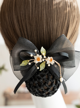 雅致头花新款女高级感职业盘发网兜护士发网蓝色蝴蝶结发夹头饰