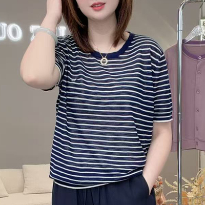 【柠檬茶T】夏季亚麻松弛感条纹针织衫软糯亲肤百搭短袖T恤A8244