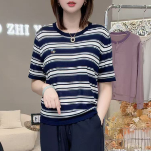 实穿条纹T！26夏天丝亚麻条纹针织衫宽松简约百搭短袖T恤女A8179