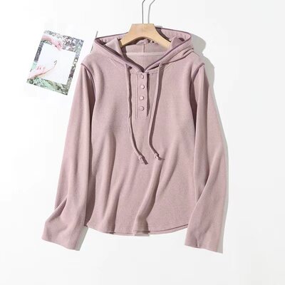 【暖糯环抱】新款舒柔宽松洋气纽扣抽绳连帽卫衣休闲长袖上衣7533