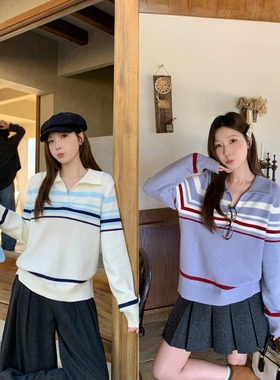2025秋冬胖mm大码女韩系polo领长袖针织衫宽松条纹内搭毛衣69397