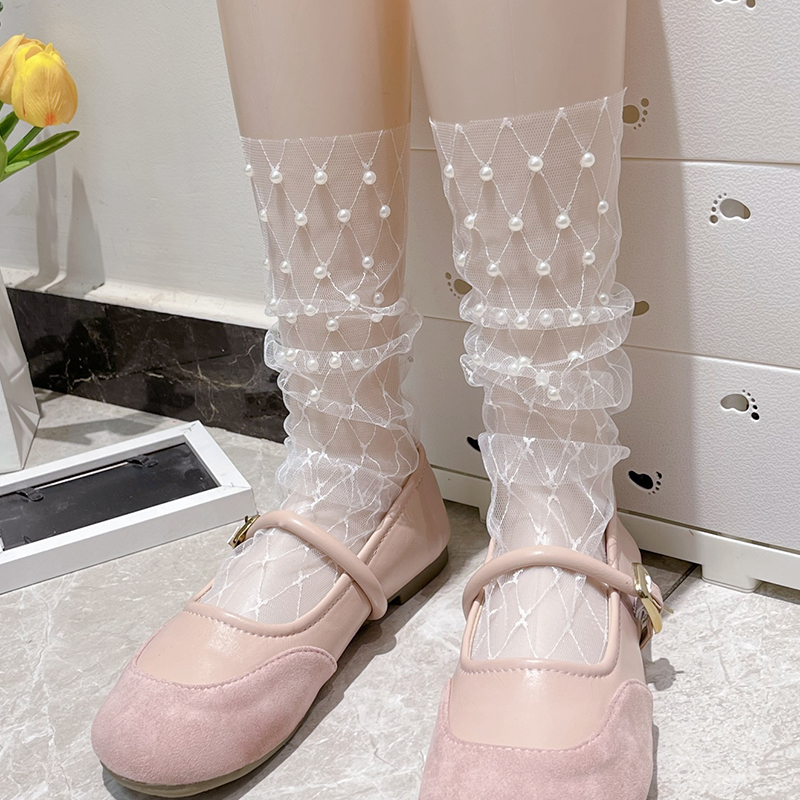 复古网纱珍珠袜子女韩国夏季薄款透明堆堆袜子少女袜日系蕾丝短袜