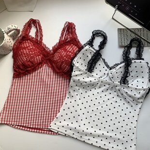 性感辣妹红色格子蕾丝拼接小吊带背心女夏季外穿带胸垫设计感上衣