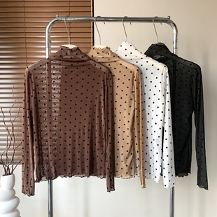白色波点网纱高领打底衫女2025新款秋冬内搭薄款外穿长袖t恤上衣