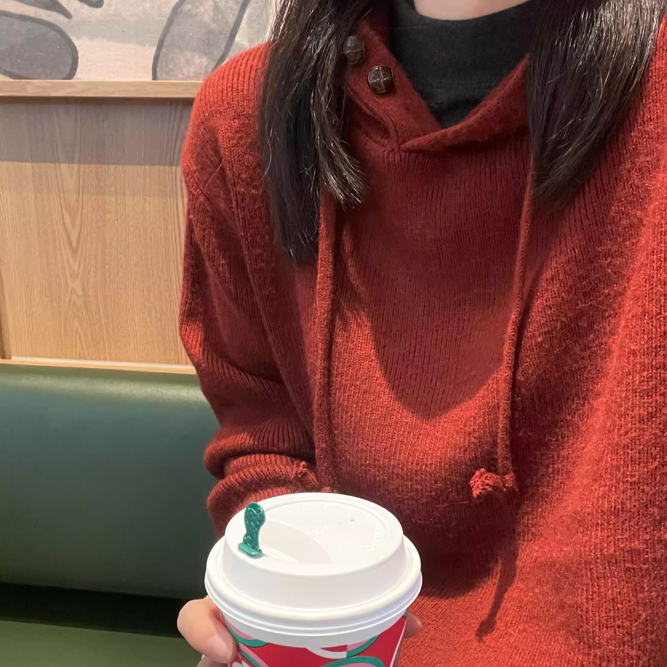 红色连帽毛衣女秋冬季2025新款