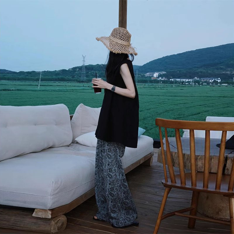 韩系穿搭一整套女夏季黑色慵懒风宽松背心时尚垂坠感休闲长裤套装