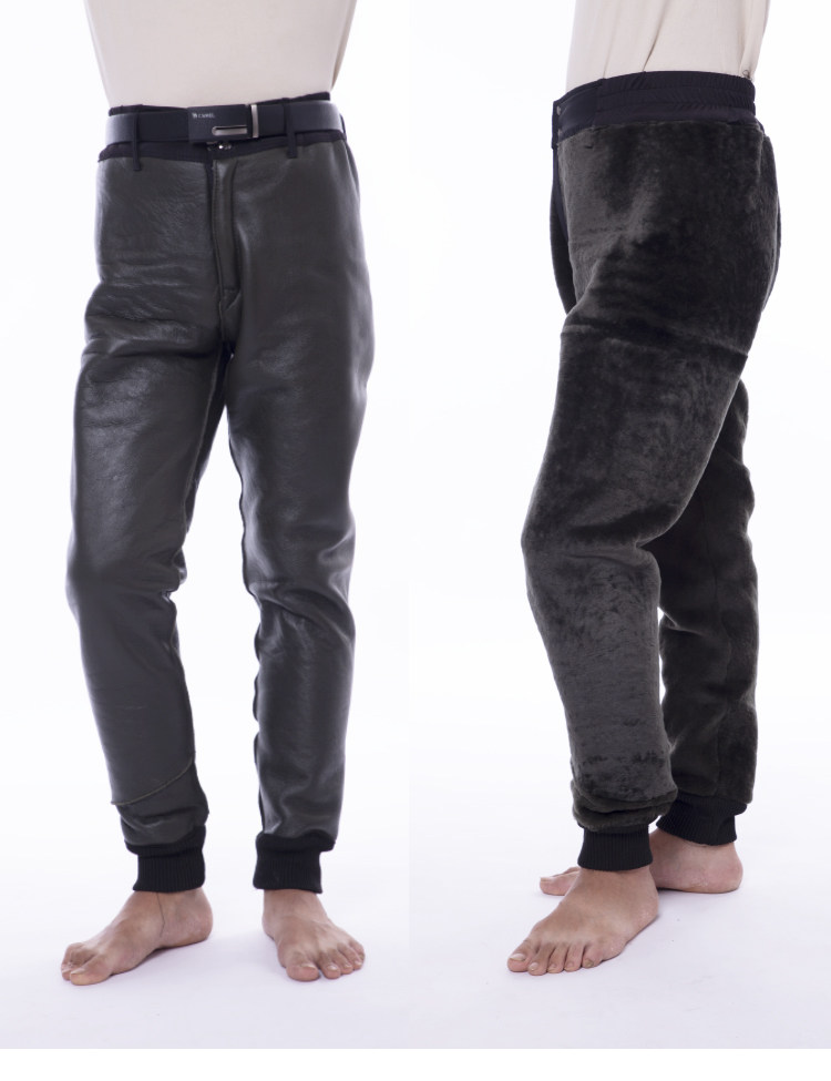 남성 및 여성용 모피 일체형 안감 홀울 바지 중년 및 노년층을 위한 천연 가죽 바지 양털 따뜻한 양가죽 바지