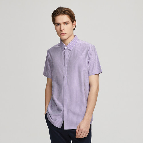 商务休闲条纹透气蓝色短袖衬衣