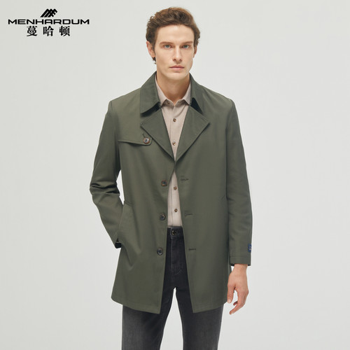 MENHARDUM/蔓哈顿秋冬新品中长款翻领风衣纯色时尚男士通勤外套