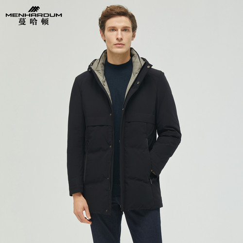 MENHARDUM/蔓哈顿冬季新品中长款保暖羽绒服连帽白鹅绒时尚外套男