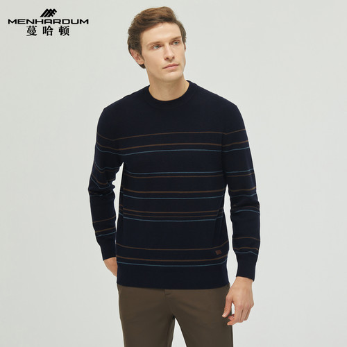 MENHARDUM/蔓哈顿秋冬新品中年男士羊毛衫绵羊毛混纺条纹针织毛衣